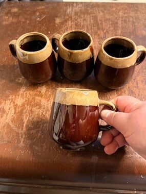 Vintage Brown Two-Tone Drip Stoneware Ceramic Coffee Mugs - Set of 4